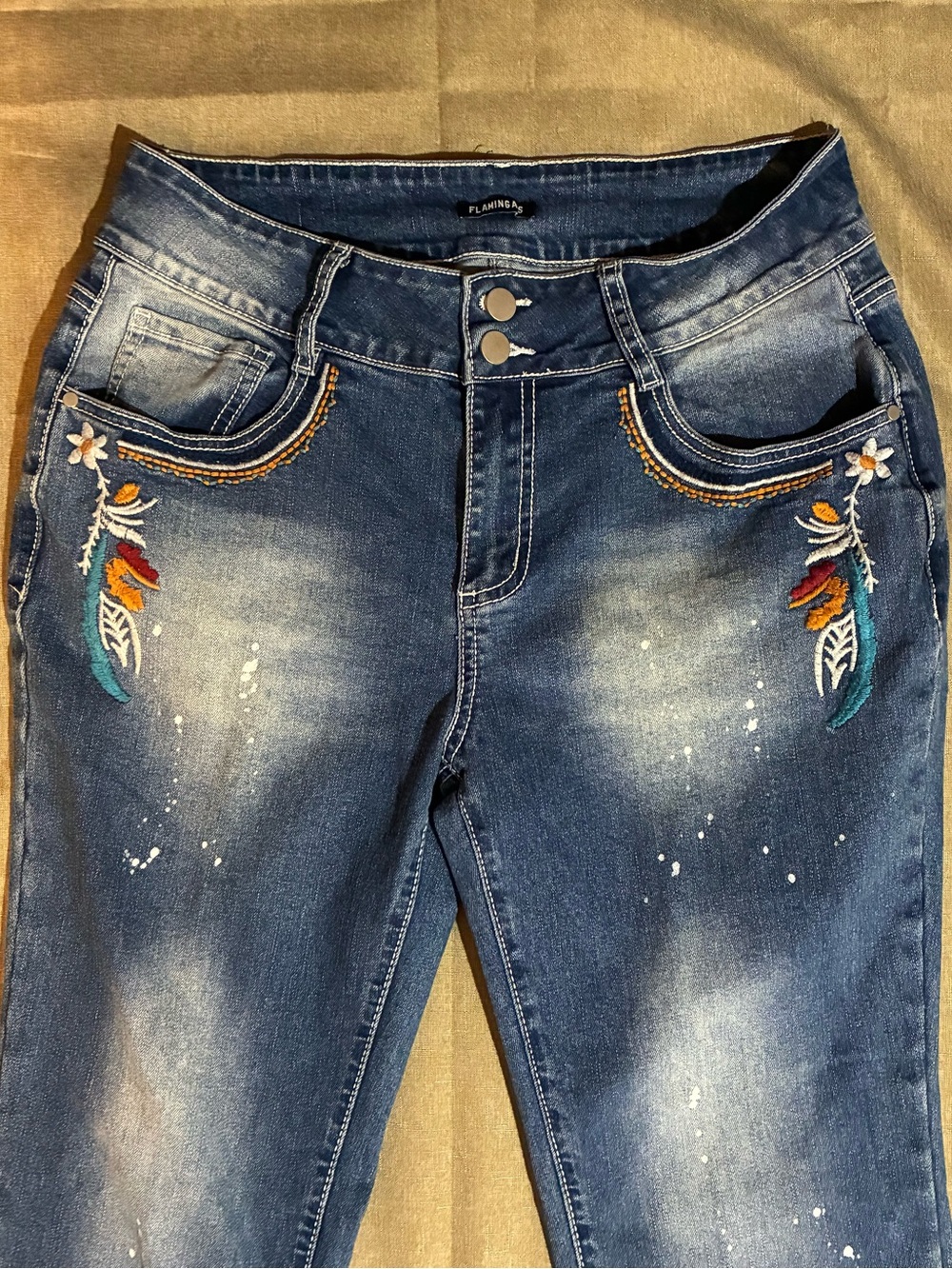 Flamingals Mid-rise Bootcut Embroidered Paint Splatter Denim Jeans Embellished L - Picture 3 of 13